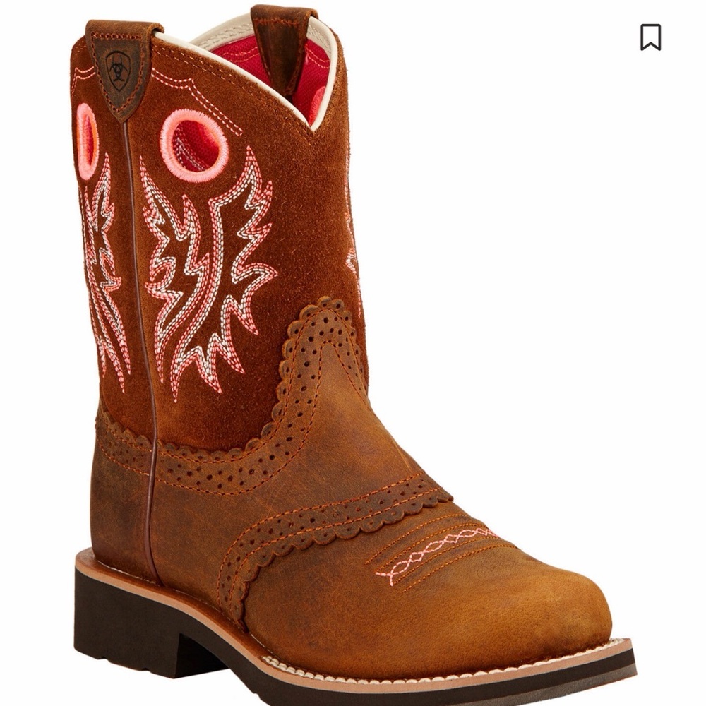ARIAT GIRLS' FATBABY POWDER BROWN PINK LEATHER WESTERN ROUND TOE‎ BOOTS Sz 3 EUC